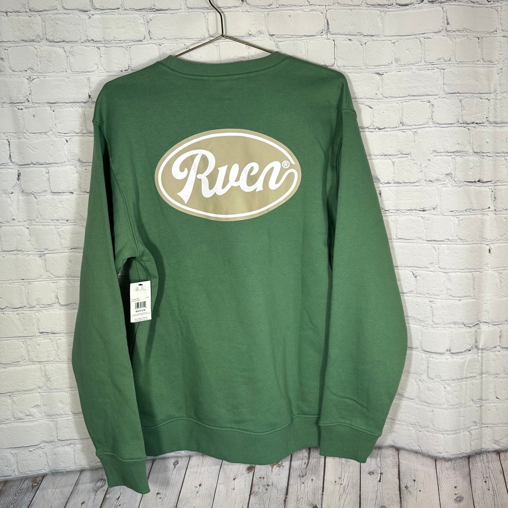 NEW RVCA Mens Oliver Crew Sweatshirt Green Logo Graphic Fleece Pullover M